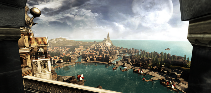 Tindrem's Cothon Piska (harbor) and Vica Mercato as it was prior to The Irruption.